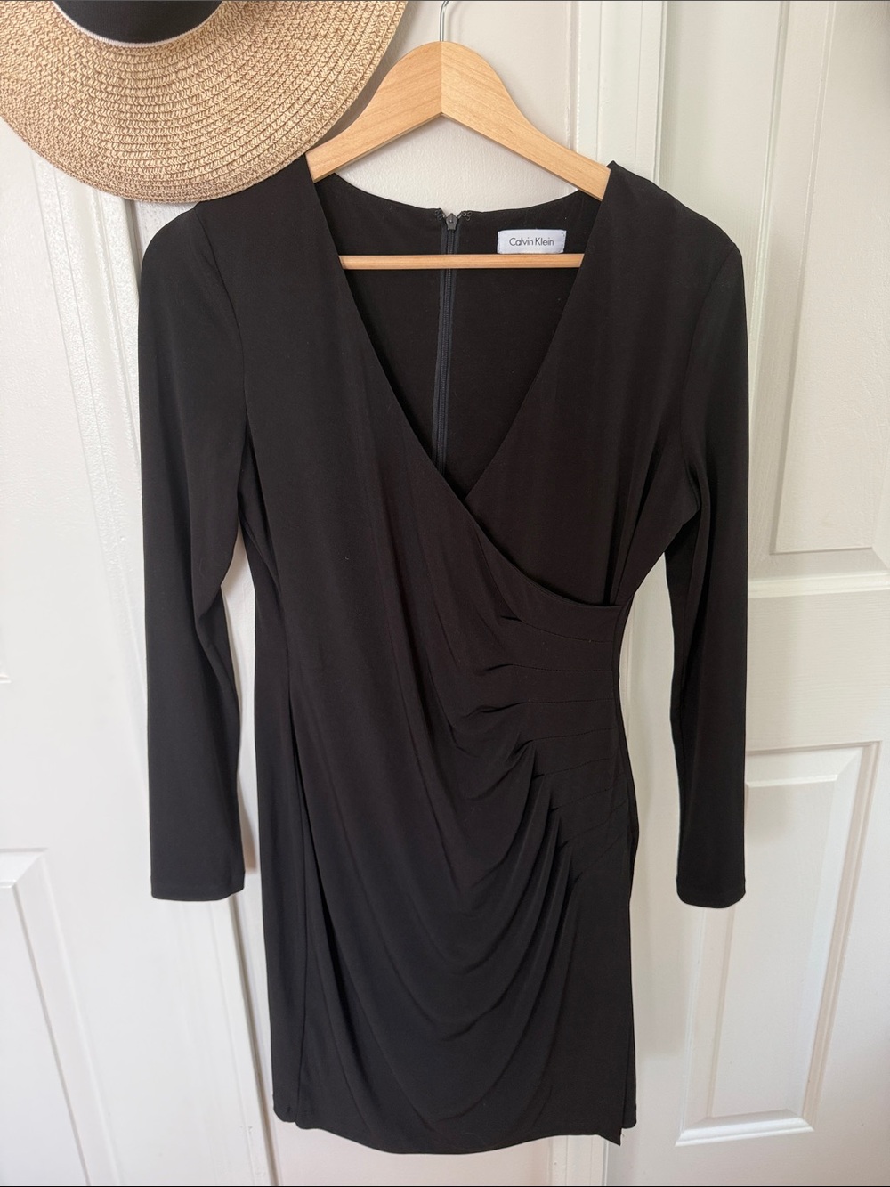 Calvin Klein Black Long-Sleeve Draped V-Neck Dress